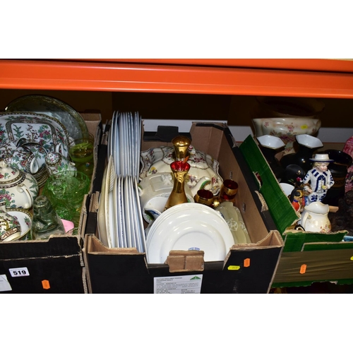 519 - THREE BOXES AND LOOSE CERAMICS AND GLASSWARES, to include a twenty two piece Coalport Indian Tree te... 