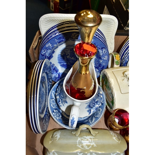 519 - THREE BOXES AND LOOSE CERAMICS AND GLASSWARES, to include a twenty two piece Coalport Indian Tree te... 