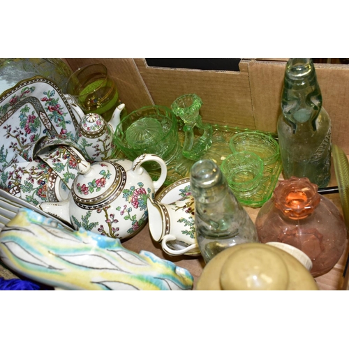 519 - THREE BOXES AND LOOSE CERAMICS AND GLASSWARES, to include a twenty two piece Coalport Indian Tree te... 