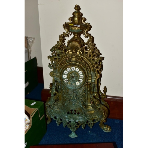 521 - A BOX AND LOOSE CERAMICS, CLOCK, GLASSWARES, CUTLERY ETC, to include an ornate brass table clock (in... 