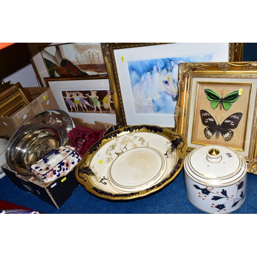 522 - TWO BOXES AND LOOSE CERAMICS, METALWARES, PICTURES AND SUNDRY ITEMS, to include an unmarked cheese d... 