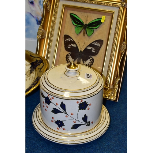 522 - TWO BOXES AND LOOSE CERAMICS, METALWARES, PICTURES AND SUNDRY ITEMS, to include an unmarked cheese d... 