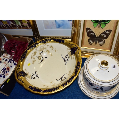 522 - TWO BOXES AND LOOSE CERAMICS, METALWARES, PICTURES AND SUNDRY ITEMS, to include an unmarked cheese d... 