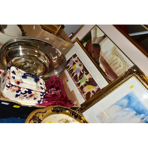 522 - TWO BOXES AND LOOSE CERAMICS, METALWARES, PICTURES AND SUNDRY ITEMS, to include an unmarked cheese d... 