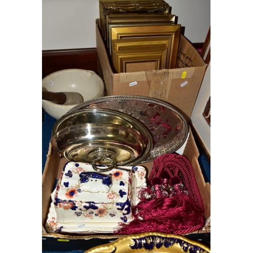 522 - TWO BOXES AND LOOSE CERAMICS, METALWARES, PICTURES AND SUNDRY ITEMS, to include an unmarked cheese d... 