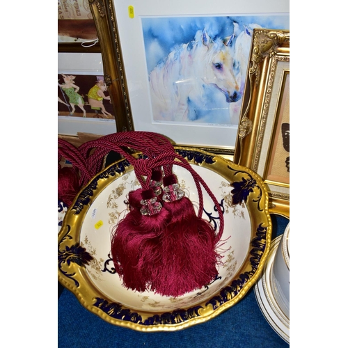 522 - TWO BOXES AND LOOSE CERAMICS, METALWARES, PICTURES AND SUNDRY ITEMS, to include an unmarked cheese d... 