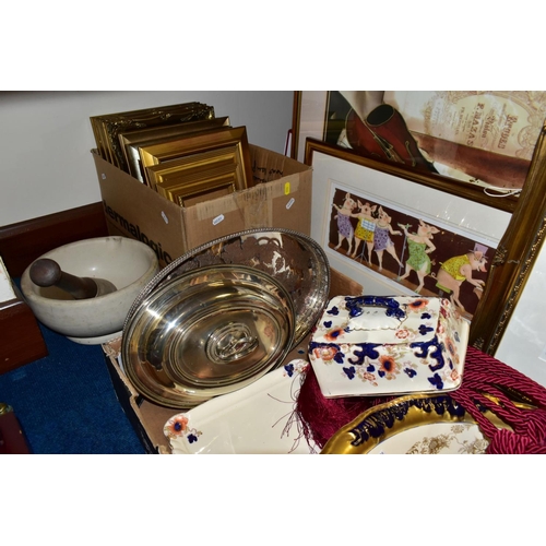 522 - TWO BOXES AND LOOSE CERAMICS, METALWARES, PICTURES AND SUNDRY ITEMS, to include an unmarked cheese d... 