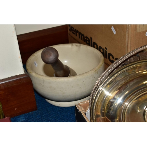 522 - TWO BOXES AND LOOSE CERAMICS, METALWARES, PICTURES AND SUNDRY ITEMS, to include an unmarked cheese d... 