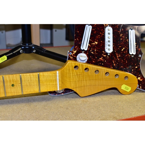 526 - A NEW STRAT STYLE MAPLE NECK with 22 frets, no mounting screw holes so never fitted, along with a St... 