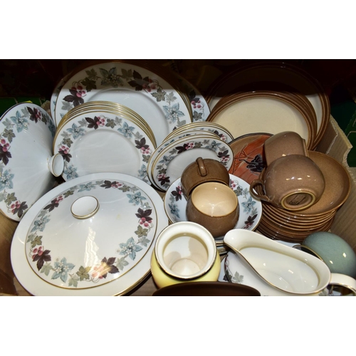 531 - SIX BOXES OF CERAMICS AND GLASSWARES, to include a Royal Doulton Camelot TC1061 twenty eight piece p... 