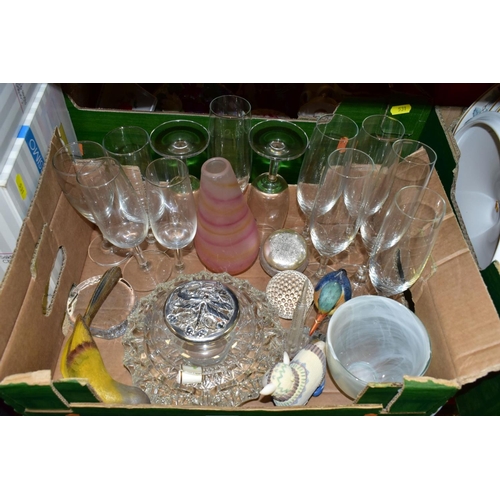 531 - SIX BOXES OF CERAMICS AND GLASSWARES, to include a Royal Doulton Camelot TC1061 twenty eight piece p... 