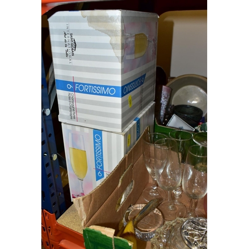 531 - SIX BOXES OF CERAMICS AND GLASSWARES, to include a Royal Doulton Camelot TC1061 twenty eight piece p... 