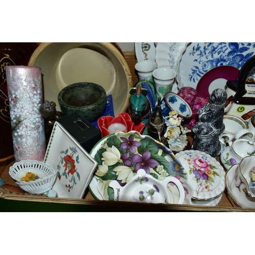 531 - SIX BOXES OF CERAMICS AND GLASSWARES, to include a Royal Doulton Camelot TC1061 twenty eight piece p... 