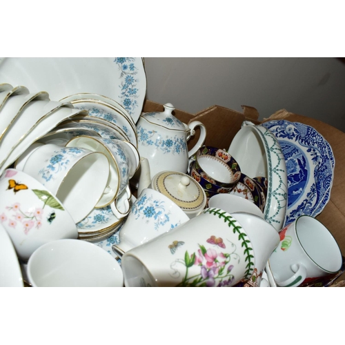 531 - SIX BOXES OF CERAMICS AND GLASSWARES, to include a Royal Doulton Camelot TC1061 twenty eight piece p... 