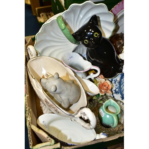 533 - A BOX OF ASSORTED CERAMICS, to include an eighteenth century delft plate painted with oriental lands... 