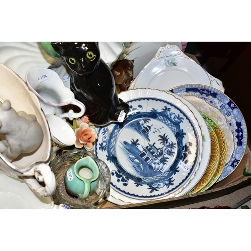 533 - A BOX OF ASSORTED CERAMICS, to include an eighteenth century delft plate painted with oriental lands... 