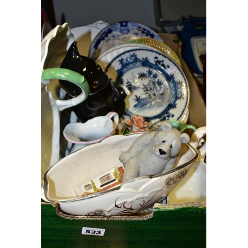 533 - A BOX OF ASSORTED CERAMICS, to include an eighteenth century delft plate painted with oriental lands... 