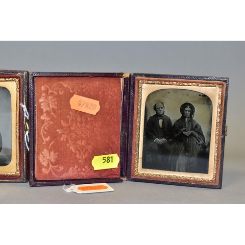581 - THREE VICTORIAN AMBROTYPES, all three in leather and velvet cases, the largest with split hinge, com... 