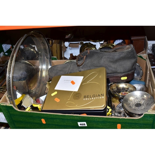 468 - TWO BOXES AND LOOSE METALWARES, CLOCKS, STAMPS AND SUNDRY ITEMS, to include boxed and unboxed Matchb... 