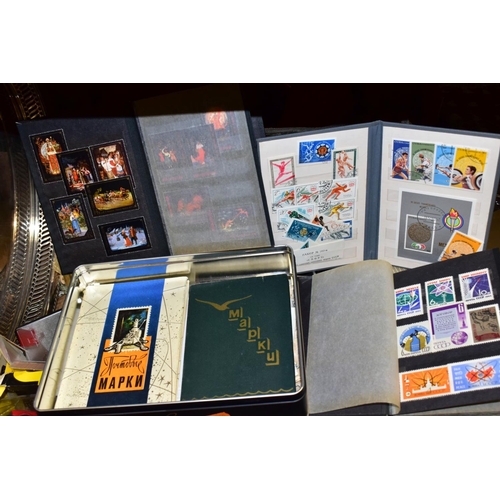 468 - TWO BOXES AND LOOSE METALWARES, CLOCKS, STAMPS AND SUNDRY ITEMS, to include boxed and unboxed Matchb... 