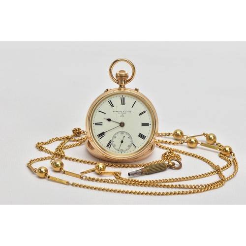 105 - A LATE VICTORIAN 18CT GOLD OPEN FACE POCKET WATCH, by Barraud & Lunds London, the white face with bl... 
