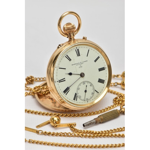 105 - A LATE VICTORIAN 18CT GOLD OPEN FACE POCKET WATCH, by Barraud & Lunds London, the white face with bl... 