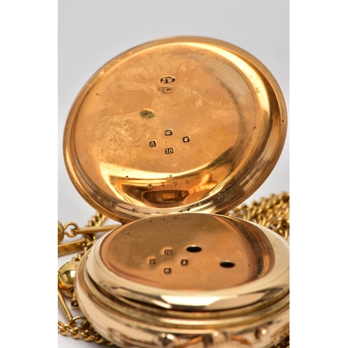 105 - A LATE VICTORIAN 18CT GOLD OPEN FACE POCKET WATCH, by Barraud & Lunds London, the white face with bl... 