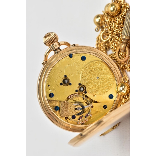 105 - A LATE VICTORIAN 18CT GOLD OPEN FACE POCKET WATCH, by Barraud & Lunds London, the white face with bl... 