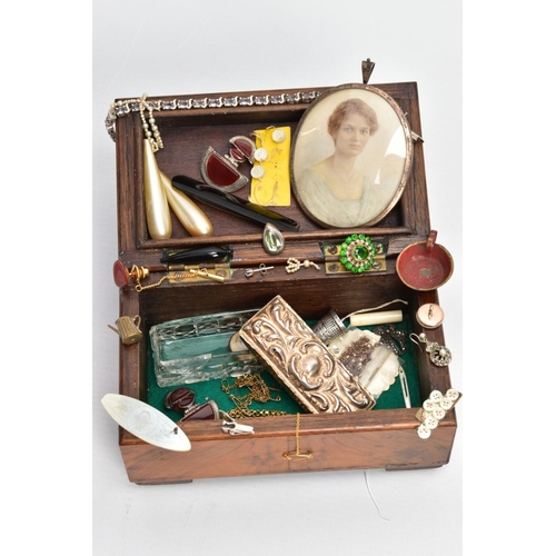 109 - A SMALL HINGED WALNUT BOX CONTAINING MAINLY JEWELLERY, to include an oval 9ct gold double sided phot... 