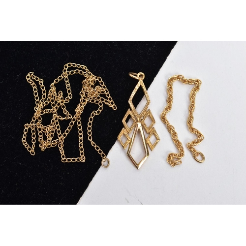 117 - A 9CT GOLD PENDANT AND CHAINS, a gold open work drop pendant with textured detailing, approximate le... 