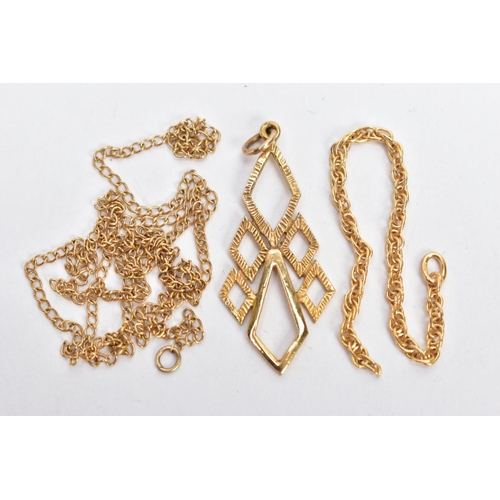 117 - A 9CT GOLD PENDANT AND CHAINS, a gold open work drop pendant with textured detailing, approximate le... 