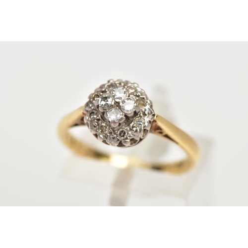 46 - AN 18CT GOLD DIAMOND CLUSTER RING, slightly raised circular cluster ring, set with single cut diamon... 