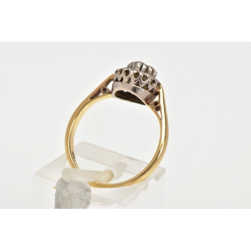 46 - AN 18CT GOLD DIAMOND CLUSTER RING, slightly raised circular cluster ring, set with single cut diamon... 