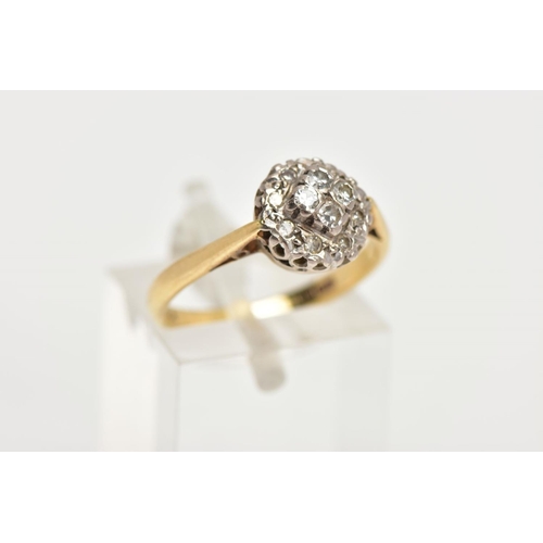 46 - AN 18CT GOLD DIAMOND CLUSTER RING, slightly raised circular cluster ring, set with single cut diamon... 
