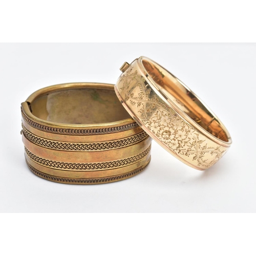 66 - A ROLLED GOLD BANGLE AND ONE OTHER, the rolled gold bangle with a floral design to one side, fitted ... 
