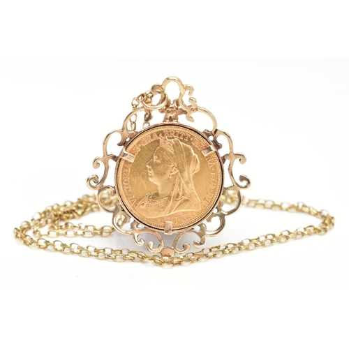 89 - A MOUNTED FULL SOVEREIGN PENDANT AND CHAIN, a full sovereign depicting George and the dragon, dated ... 