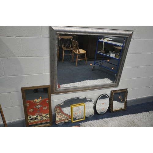 A SILVER FRAMED BEVELLED EDGE WALL MIRROR, 120cm x 94cm, five various