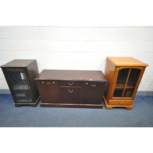 1610 - A MODERN MAHOGANY SIDEBOARD, a cherrywood hi-fi cabinet, an oak hi-fi cabinet and a plywood storage ... 