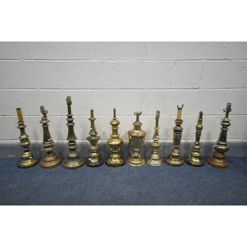 1612 - TEN VARIOUS BRASS/BRASSED TABLE LAMPS, of various ages, styles and country of origin (condition:-all... 