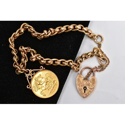 1 - A 9CT GOLD CHARM BRACELET WITH A MOUNTED HALF SOVEREIGN, a yellow gold fancy link chain fitted with ... 