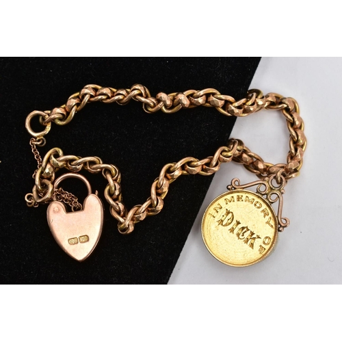 1 - A 9CT GOLD CHARM BRACELET WITH A MOUNTED HALF SOVEREIGN, a yellow gold fancy link chain fitted with ... 