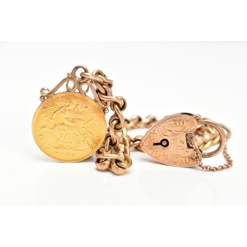 1 - A 9CT GOLD CHARM BRACELET WITH A MOUNTED HALF SOVEREIGN, a yellow gold fancy link chain fitted with ... 