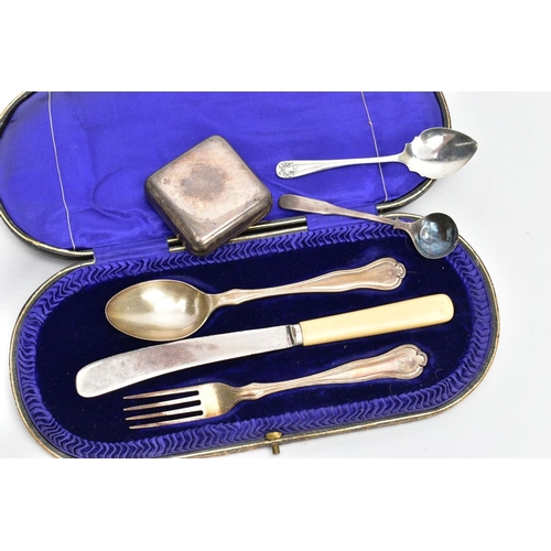 102 - AN ASSORTMENT OF SILVER ITEMS, to include an incomplete cased cutlery set, a spoon and fork engraved... 