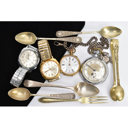 104 - A BOX OF ASSORTED ITEMS, to include a George V old English silver teaspoon, engraved with the initia... 