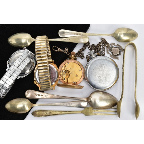 104 - A BOX OF ASSORTED ITEMS, to include a George V old English silver teaspoon, engraved with the initia... 