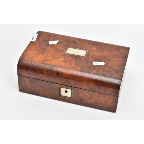 108 - A WOODEN STORAGE BOX, of a chest form, with a mother of pearl inlay to the lid and lock, approximate... 