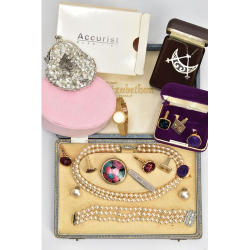 111 - A SELECTION OF ASSORTED JEWELLERY, to include a silver 'Ola M Gorie' crescent and bent rod necklace ... 