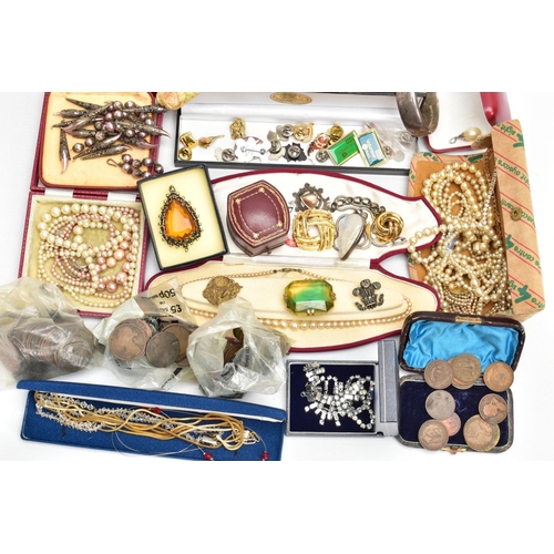 112 - A BOX OF ASSORTED SILVER AND COSTUME JEWELLERY, to include a hinged silver bangle with floral engrav... 