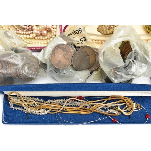 112 - A BOX OF ASSORTED SILVER AND COSTUME JEWELLERY, to include a hinged silver bangle with floral engrav... 