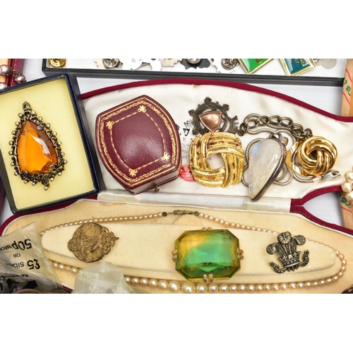 112 - A BOX OF ASSORTED SILVER AND COSTUME JEWELLERY, to include a hinged silver bangle with floral engrav... 